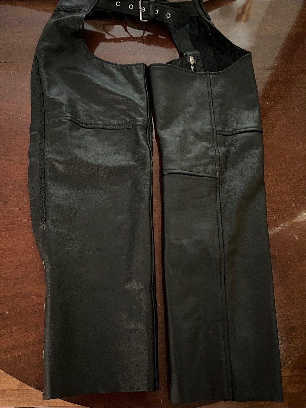 IK Leather Women’s Black Motorcycle Chaps Braided Lace Up Size M